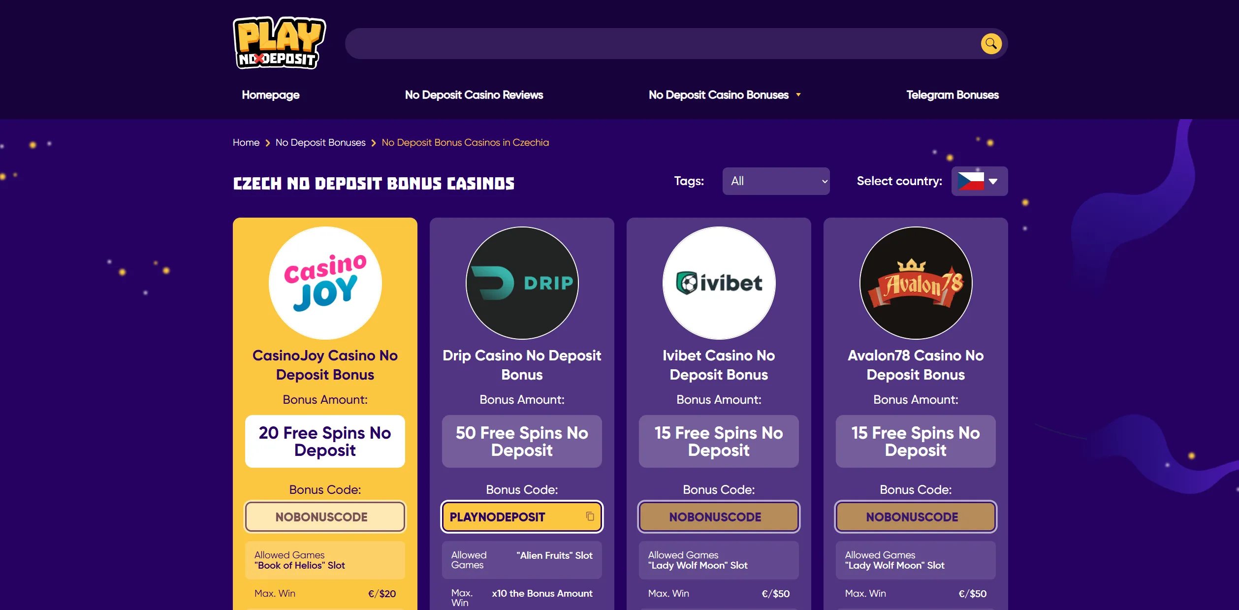 Screenshot of Playnodeposit.com - Top No Deposit Bonus Casinos in Czechia | PlayNoDeposit